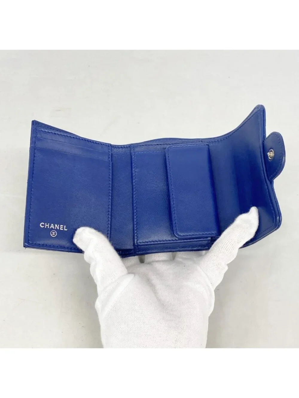 Chanel Trifold Wallet Quilted Lambskin Blue Silver